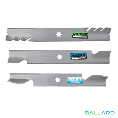 Silver Mower Blades:  17 13/16" Long,  2.5" Wide,  6 PT Star Center Hole, Thickness- .203"(Three Blades)