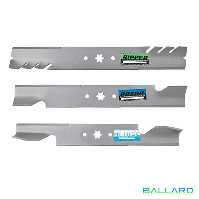 Silver Mower Blades:  17.27" Long,  2.5" Wide, 6 PT Star Center Hole (w/ guide holes)Thickness- .203"(Three Blades)