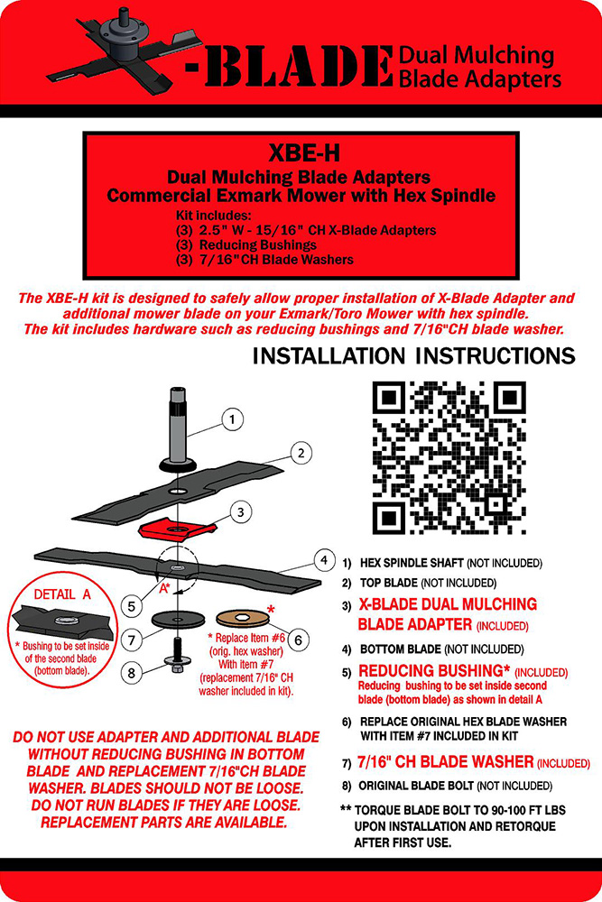 X-Blade Dual Mulching Blade Adapter Kit for Exmark  (2 &frac12;&rdquo; wide blade - 15/16&Prime; center hole) image number null